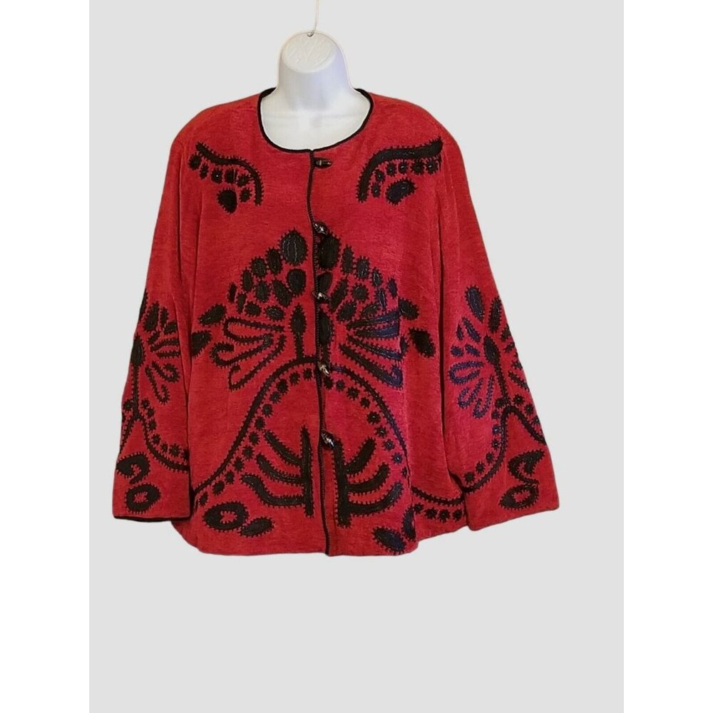 Allure Vintage Embellished Button Cardigan Womens 1X Red Velour Barrel Buttons - Picture 12 of 16
